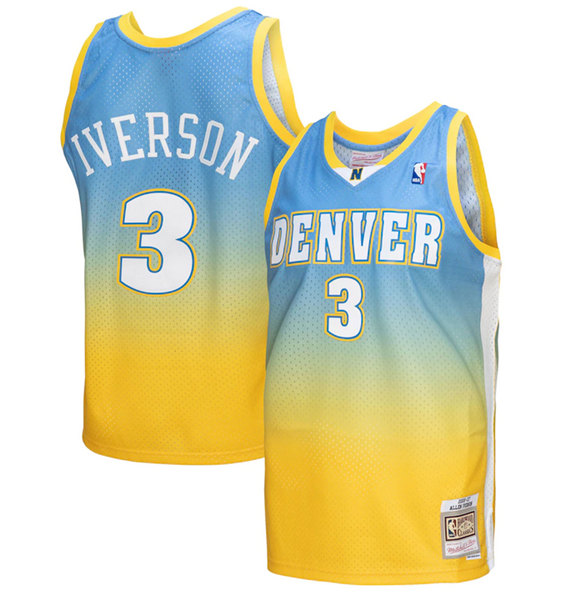 Men's Denver Nuggets #3 Allen Iverson 2006-07 Blue/Yellow Throwback Stitched Jersey Men's Denver Nuggets #3 Allen Iverson 2006-07 Blue/Yellow Throwback Stitched Jersey
